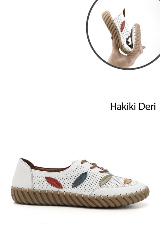 Kadın Beyaz Dolgu Taban Bağcıklı Hakiki Deri Comfort Ayakkabı