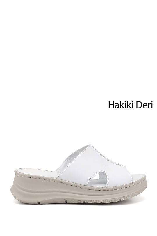 Kadın Beyaz Dolgu Taban Hakiki Deri Terlik