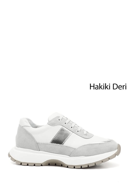 Kadın Beyaz Dolgu Taban Lastik Bağcıklı Hakiki Deri Sneaker