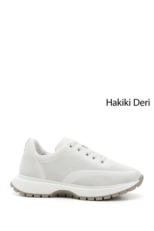 Kadın Beyaz Dolgu Taban Lastik Bağcıklı Hakiki Deri Sneaker