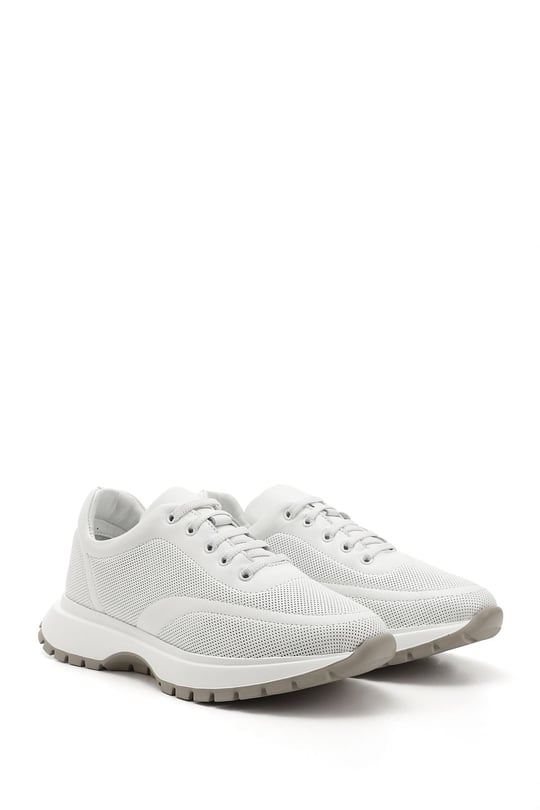 Kadın Beyaz Dolgu Taban Lastik Bağcıklı Hakiki Deri Sneaker