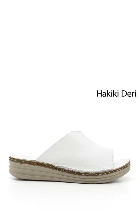 Kadın Beyaz Dolgu Topuk Hakiki Deri Comfort Terlik