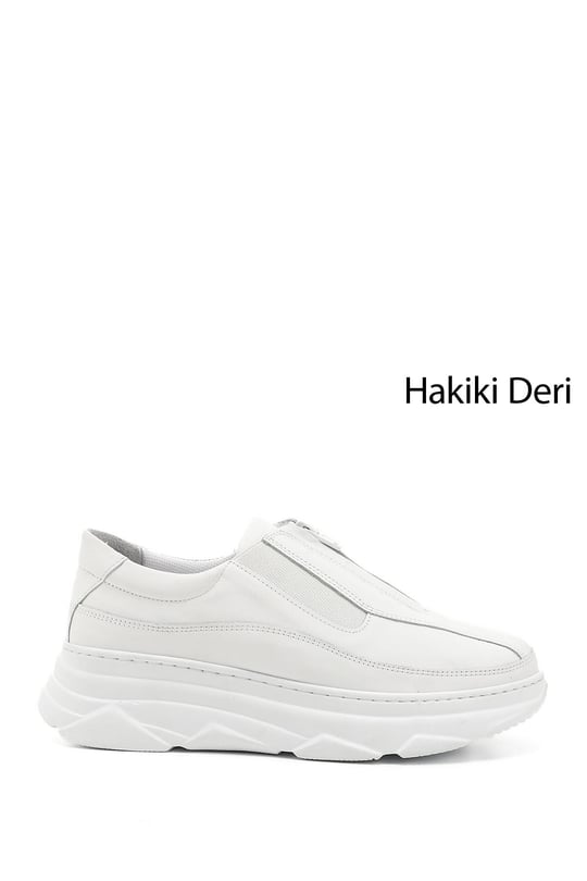 Kadın Beyaz Fermuarlı Dolgu Taban Hakiki Deri Sneaker