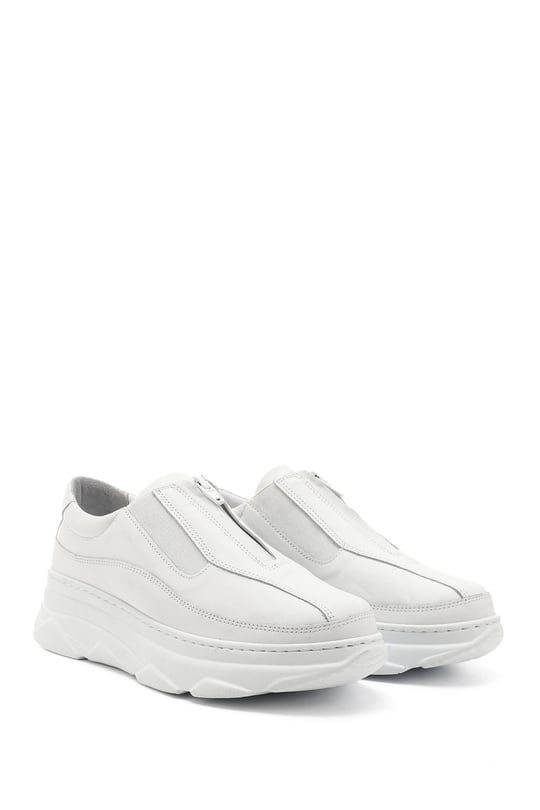 Kadın Beyaz Fermuarlı Dolgu Taban Hakiki Deri Sneaker