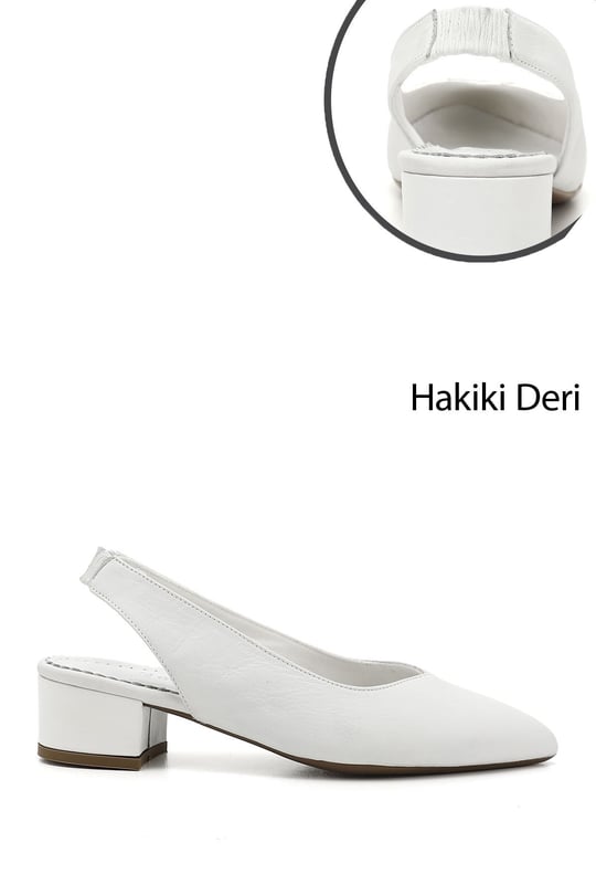 Kadın Beyaz Kalın Topuklu Arkası Açık Hakiki Deri Ayakkabı