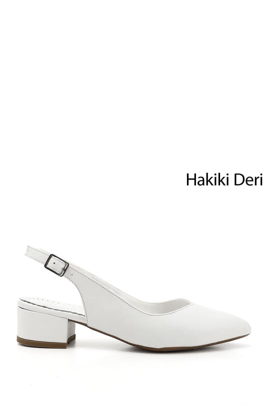 Kadın Beyaz Kalın Topuklu Arkası Açık Hakiki Deri Ayakkabı