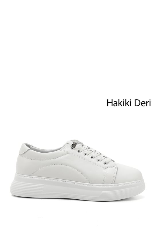 Kadın Beyaz Lastik Bağcıklı Comfort Dolgu Taban Hakiki Deri Sneaker