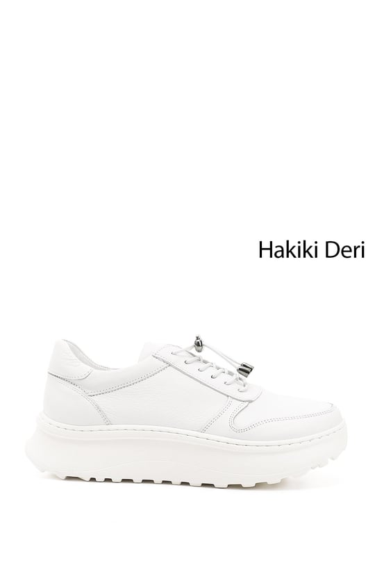 Kadın Beyaz Lastik Bağcıklı Comfort Dolgu Taban Hakiki Deri Sneaker
