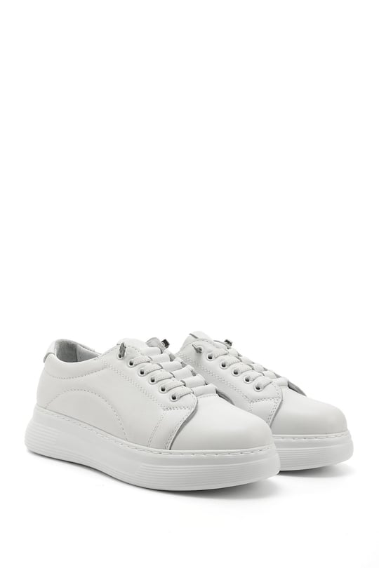 Kadın Beyaz Lastik Bağcıklı Comfort Dolgu Taban Hakiki Deri Sneaker