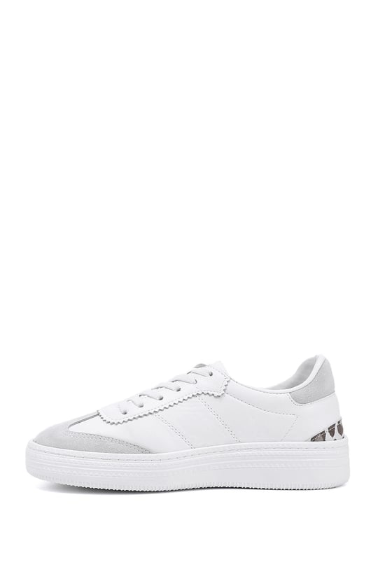 Kadın Beyaz Lastik Bağcıklı Dolgu Taban Hakiki Deri Sneaker