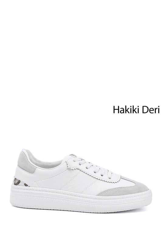 Women's White Lace-Up Genuine Leather Sneakers