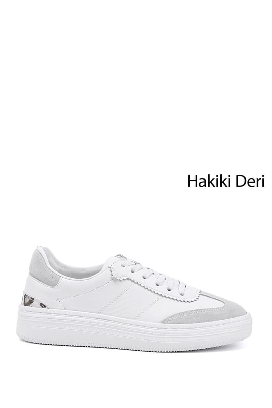 Kadın Beyaz Lastik Bağcıklı Dolgu Taban Hakiki Deri Sneaker