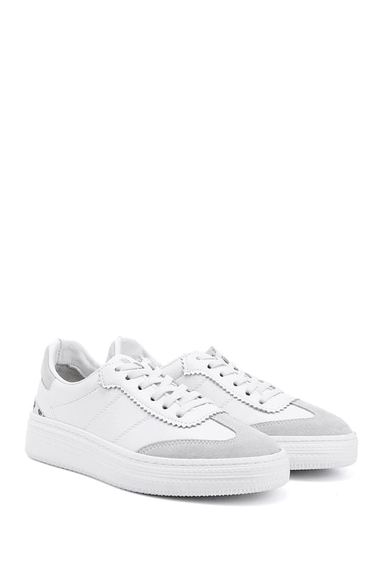 Kadın Beyaz Lastik Bağcıklı Dolgu Taban Hakiki Deri Sneaker