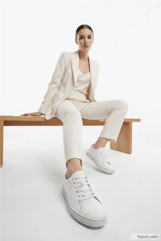 Kadın Beyaz Lastik Bağcıklı Hakiki Deri Sneaker