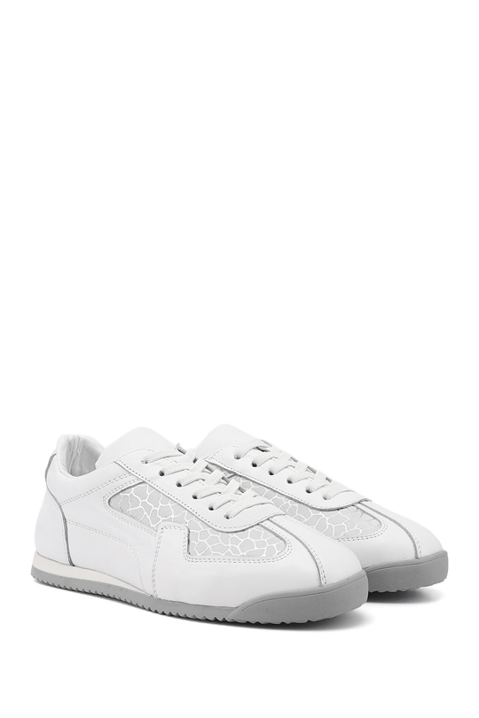 Kadın Beyaz Lastik Bağcıklı Hakiki Deri Sneaker
