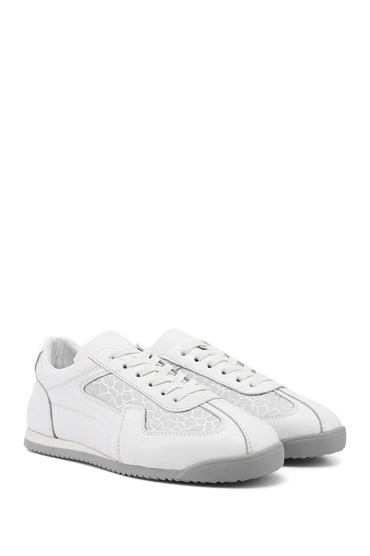 Kadın Beyaz Lastik Bağcıklı Hakiki Deri Sneaker
