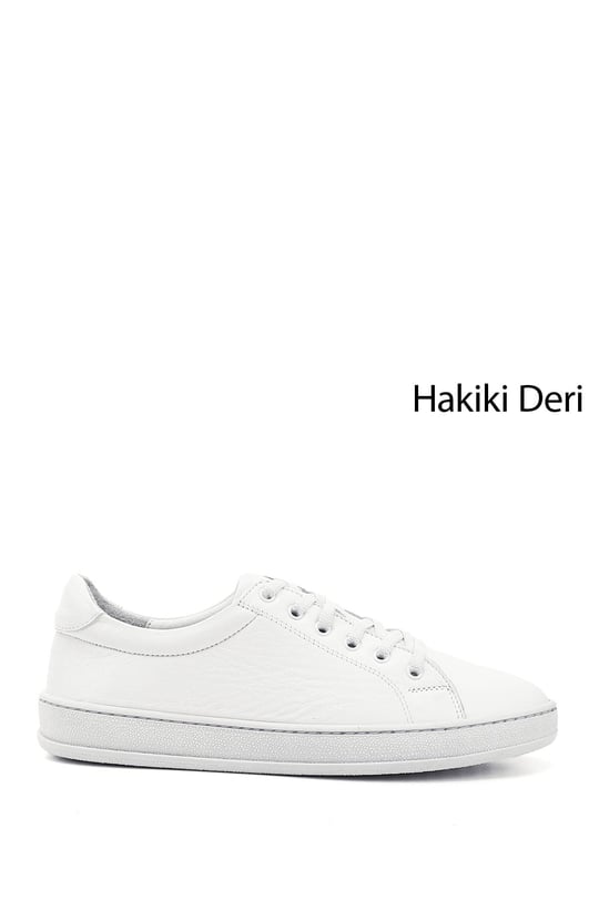 Kadın Beyaz Lastik Bağcıklı Hakiki Deri Sneaker
