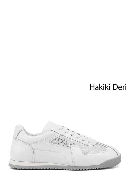 Kadın Beyaz Lastik Bağcıklı Hakiki Deri Sneaker