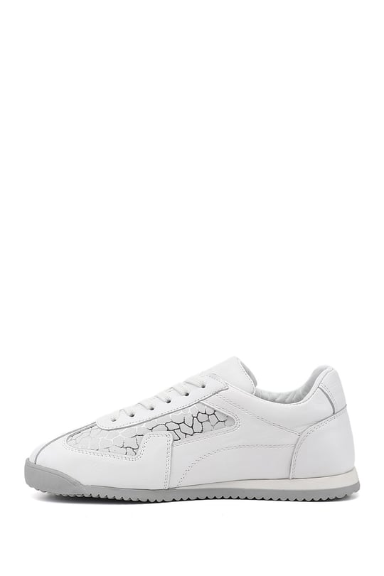 Kadın Beyaz Lastik Bağcıklı Hakiki Deri Sneaker