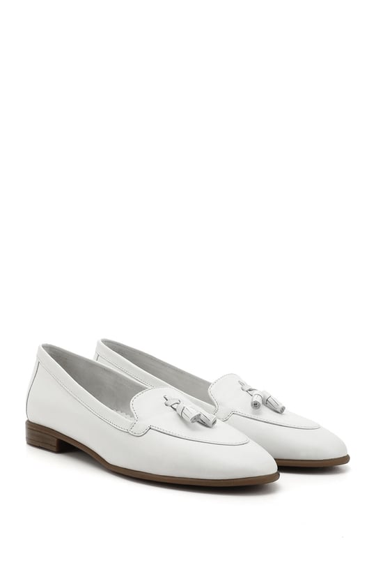 Women's White Tassel Genuine Leather Ballerinas