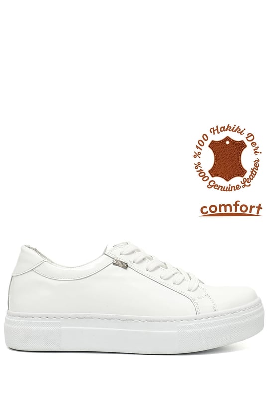Kadın Beyaz Rugan Bağcıklı Dolgu Taban Hakiki Deri Sneaker