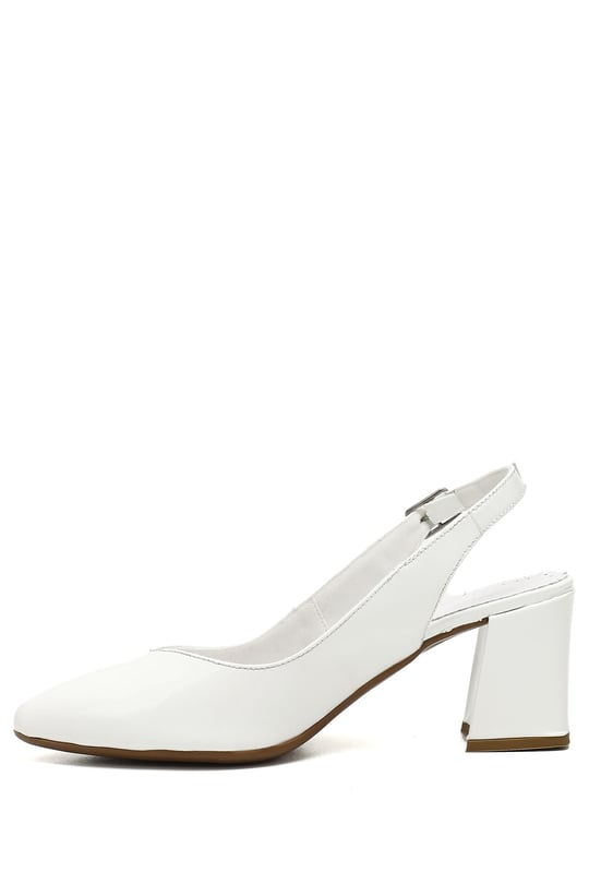 Women's White Patent Leather Thick Heeled Open Back Genuine Leather Shoes