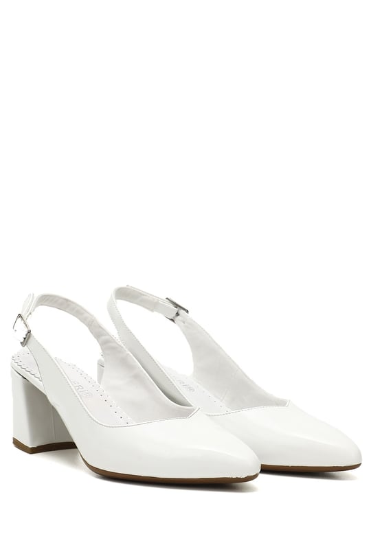 Women's White Patent Leather Thick Heeled Open Back Genuine Leather Shoes