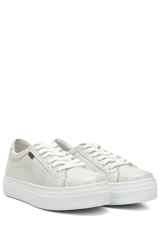 Kadın Beyaz Simli Bağcıklı Dolgu Taban Hakiki Deri Sneaker