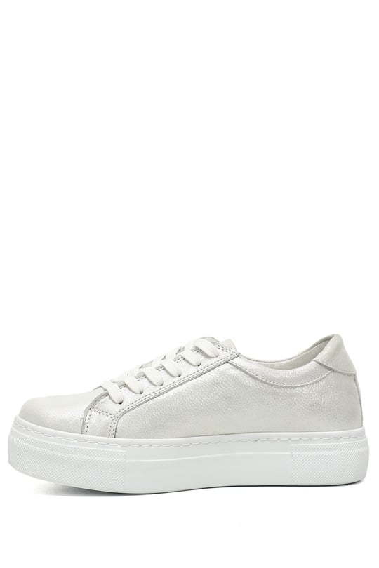Kadın Beyaz Simli Bağcıklı Dolgu Taban Hakiki Deri Sneaker