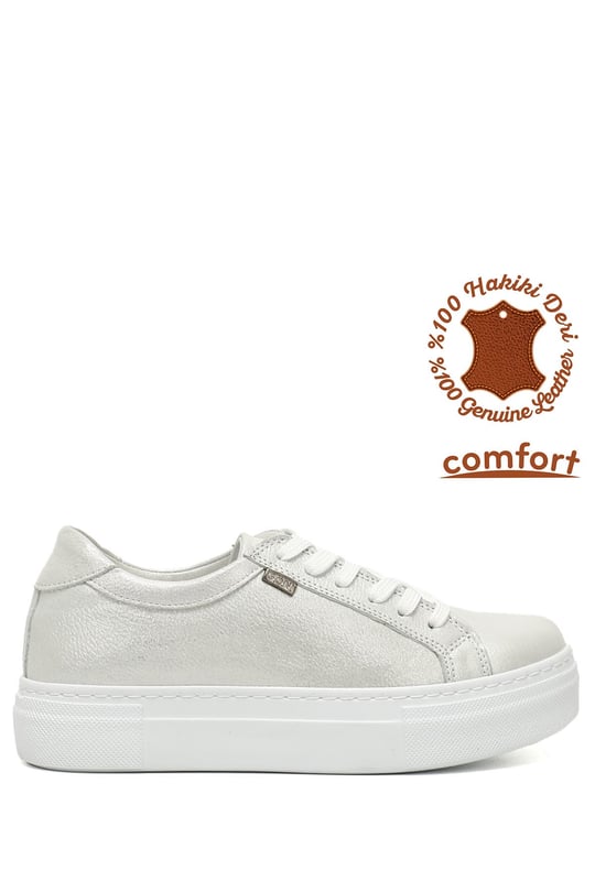 Kadın Beyaz Simli Bağcıklı Dolgu Taban Hakiki Deri Sneaker