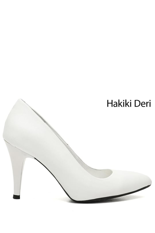 Kadın Beyaz Sivri Burun İnce Topuklu Hakiki Deri Stiletto