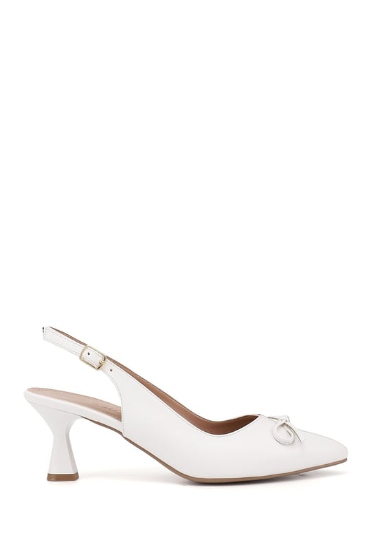 Women's White Pointed Toe Goblet Heel Bow Slingback Shoes