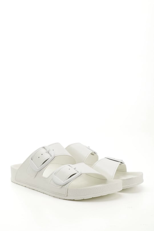 Women's White Buckled Casual Slippers
