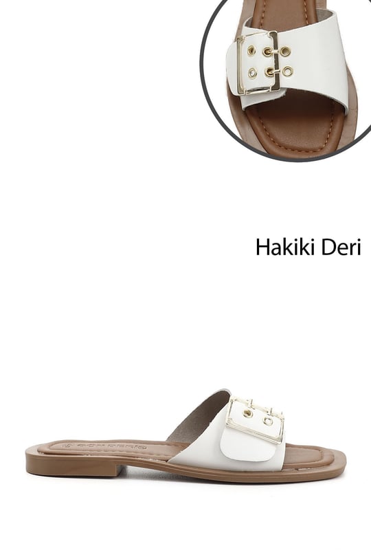 Kadın Beyaz Tokalı Tek Bantlı Hakiki Deri Terlik
