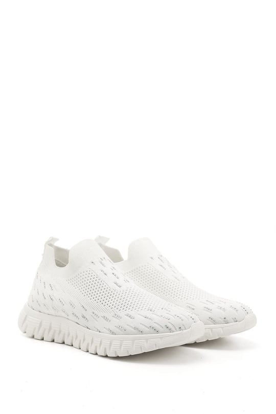 Women's White Knitted Comfort Sneakers with Stoned Memory Foam Insoles