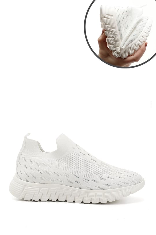 Women's White Knitted Comfort Sneakers with Stoned Memory Foam Insoles