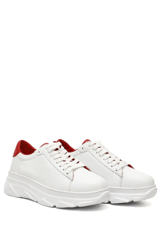 Kadın BEYAZA KIRMIZI Bağcıklı Dolgu Taban Hakiki Deri Sneaker