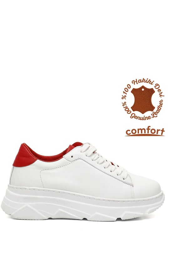 Kadın BEYAZA KIRMIZI Bağcıklı Dolgu Taban Hakiki Deri Sneaker