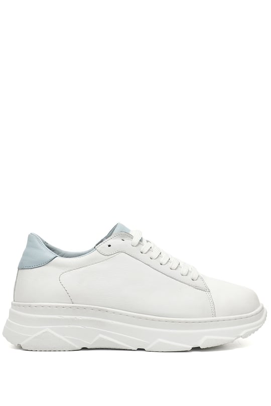 Kadın Beyaza Mavi Bağcıklı Dolgu Taban Hakiki Deri Sneaker