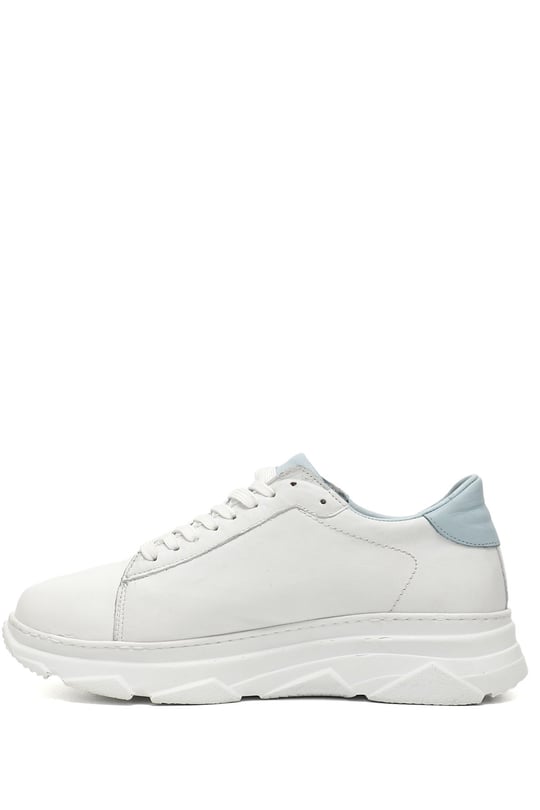 Kadın Beyaza Mavi Bağcıklı Dolgu Taban Hakiki Deri Sneaker
