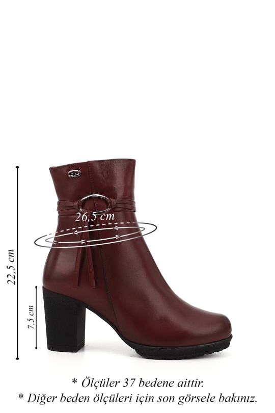 Women's Burgundy Antique Zippered Thick Heeled Genuine Leather Boots