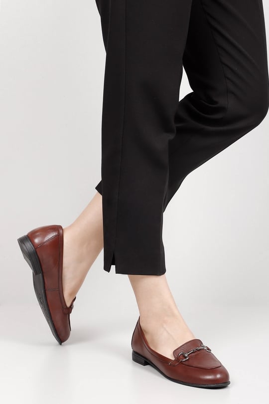 Women Bordeaux Antique Genuine Leather Buckled Ballet Flats