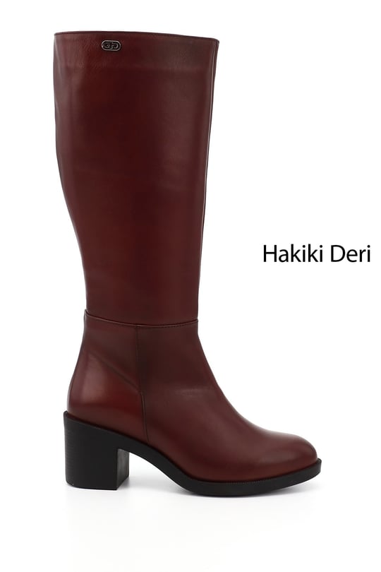 Kadın Bordo Fermuarlı Kalın Topuklu Hakiki Deri Çizme