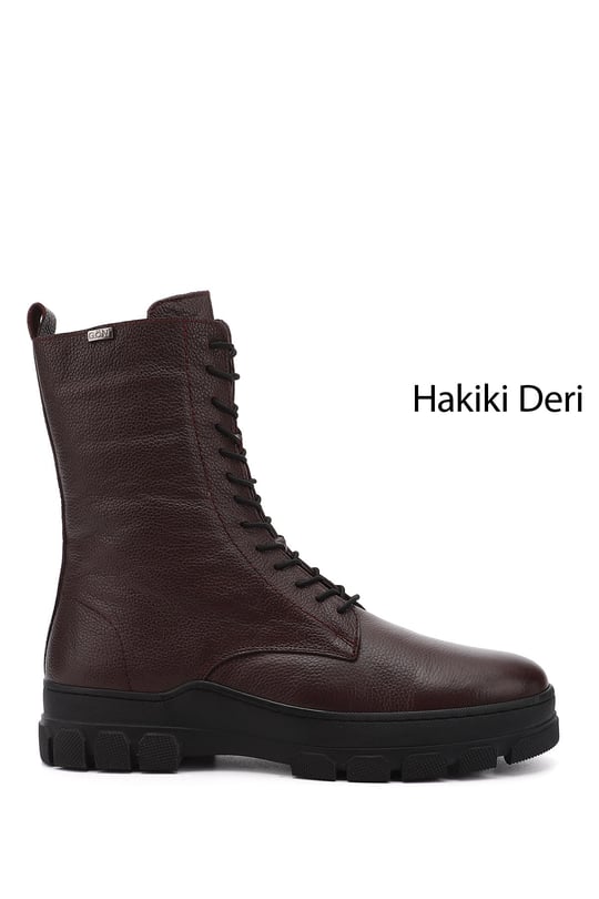 Kadın Bordo Floter Fermuarlı Kauçuk Taban Hakiki Deri Postal Bot