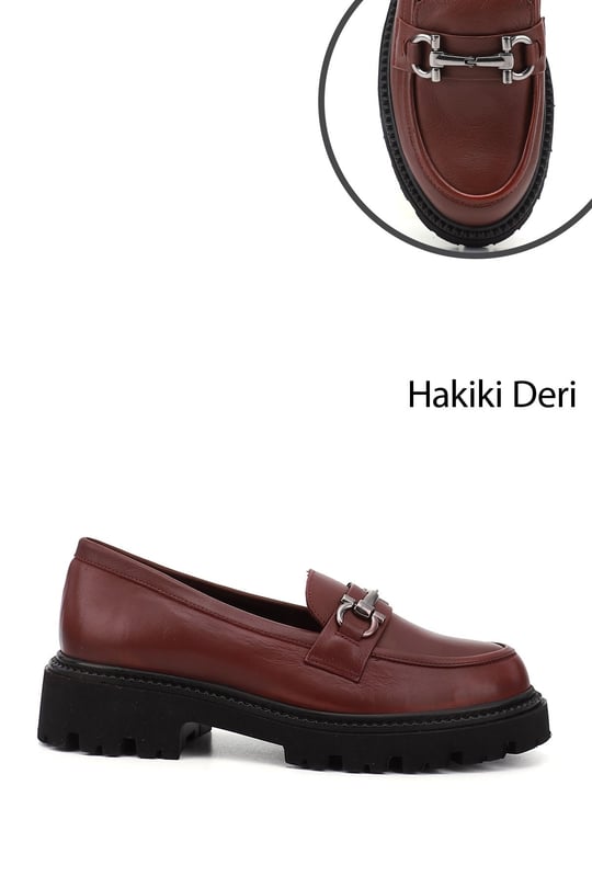 Kadın Bordo Kalın Topuklu Tokalı Hakiki Deri Loafer Ayakkabı