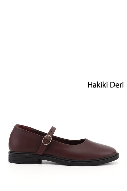 Kadın Bordo Kısa Kalın Topuklu Mary Jane Hakiki Deri Babet