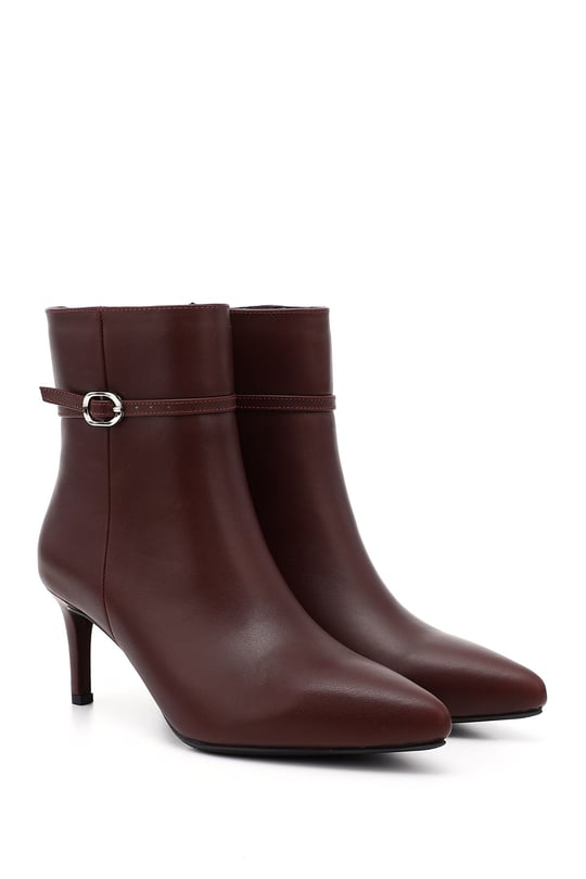 Women's Burgundy Zip-Up Thin-Heeled Genuine Leather Boots