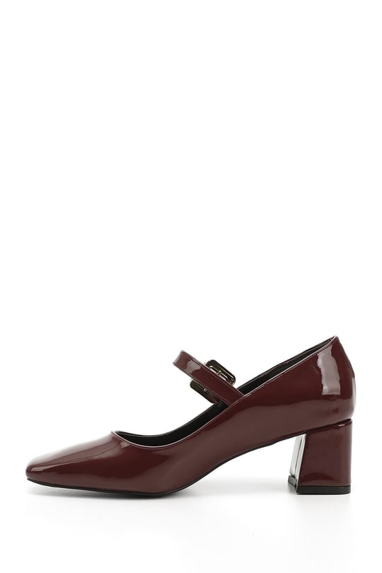 Women's Burgundy Patent Leather Flat Toe Medium Thick Heel Shoes