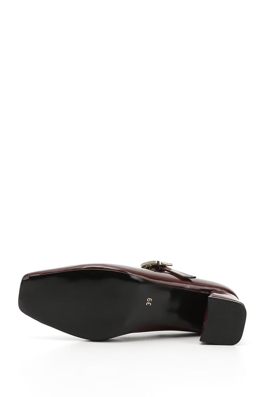 Women's Burgundy Patent Leather Flat Toe Medium Thick Heel Shoes