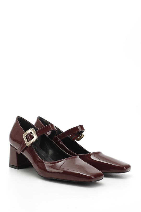 Women's Burgundy Patent Leather Flat Toe Medium Thick Heel Shoes
